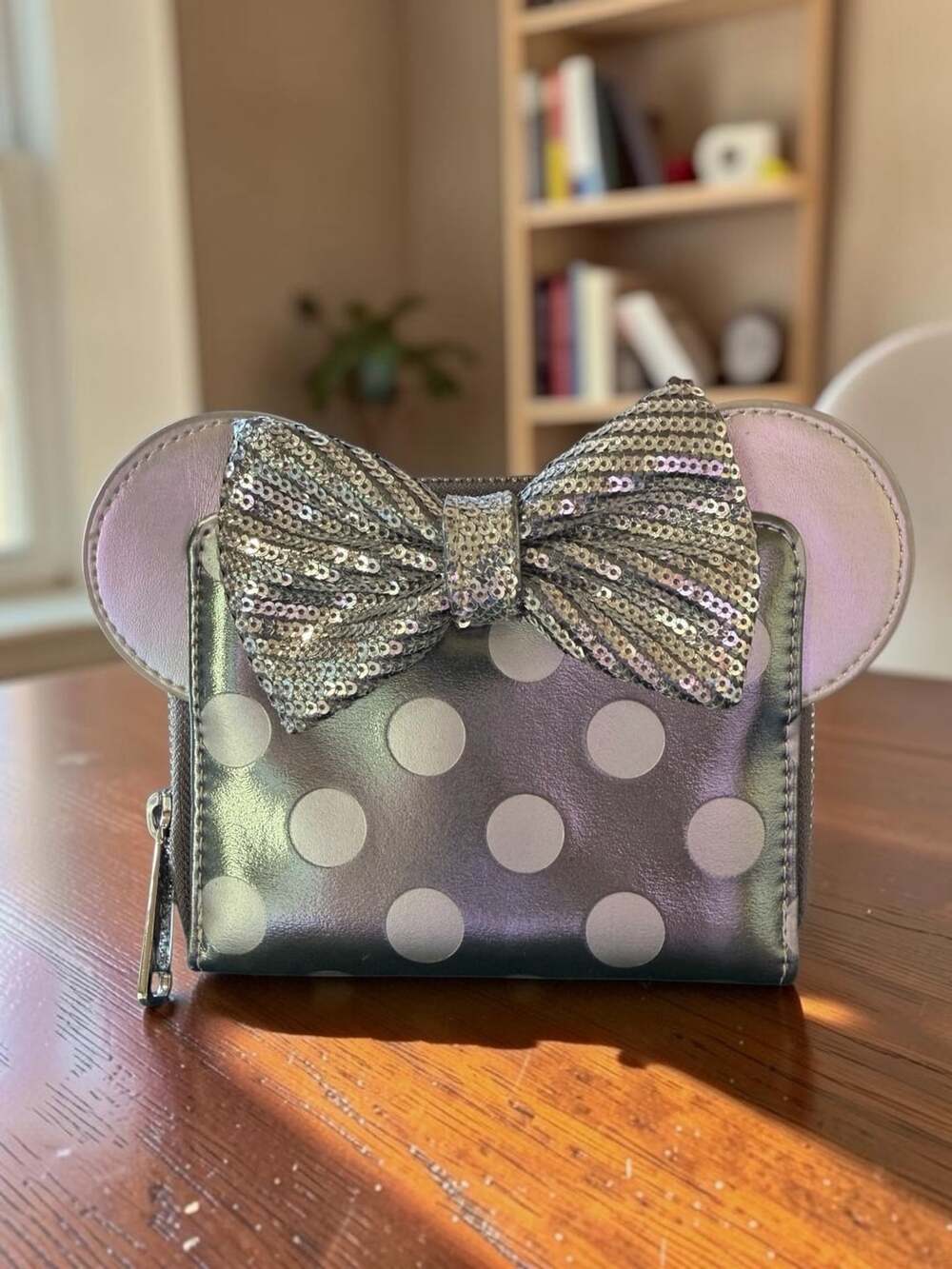 Loungefly Disney 100 Minnie Mouse Platinum Wallet Silver Polka Dot Sequin Bow